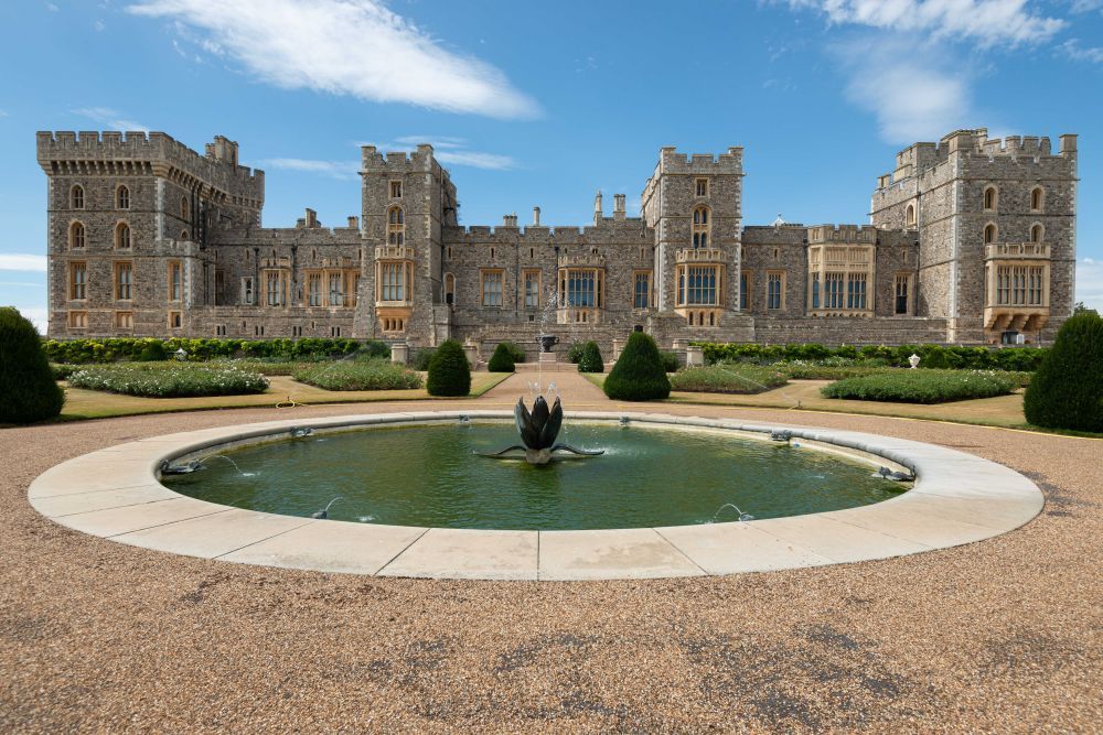 A bronze lotus fountain based on a design by His Royal Highness The Duke of Edinburgh in the centre of the East Terrace Garden at Windsor Castle